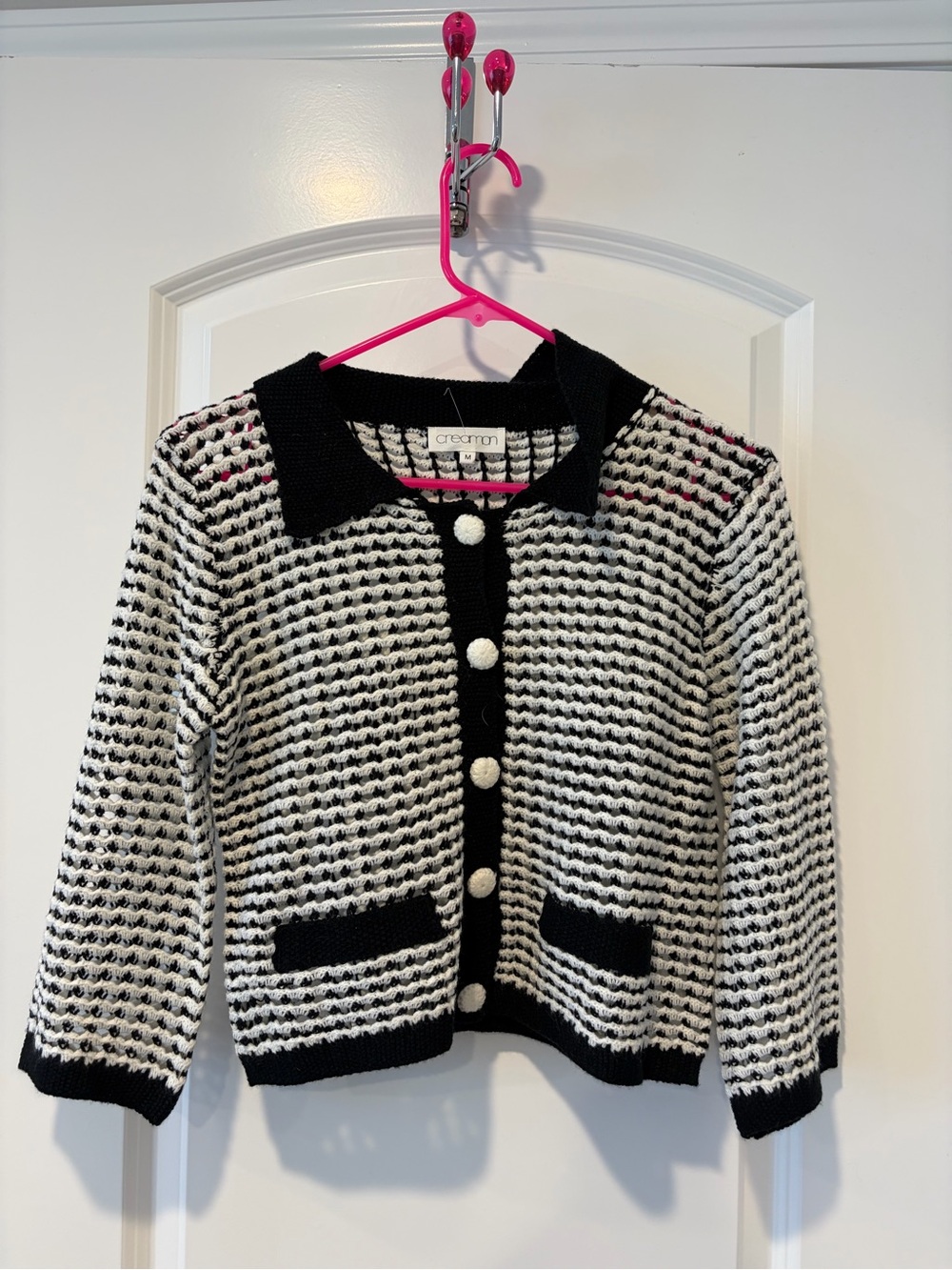 Creaman Black & White Knit Collar Cardigan Cropped